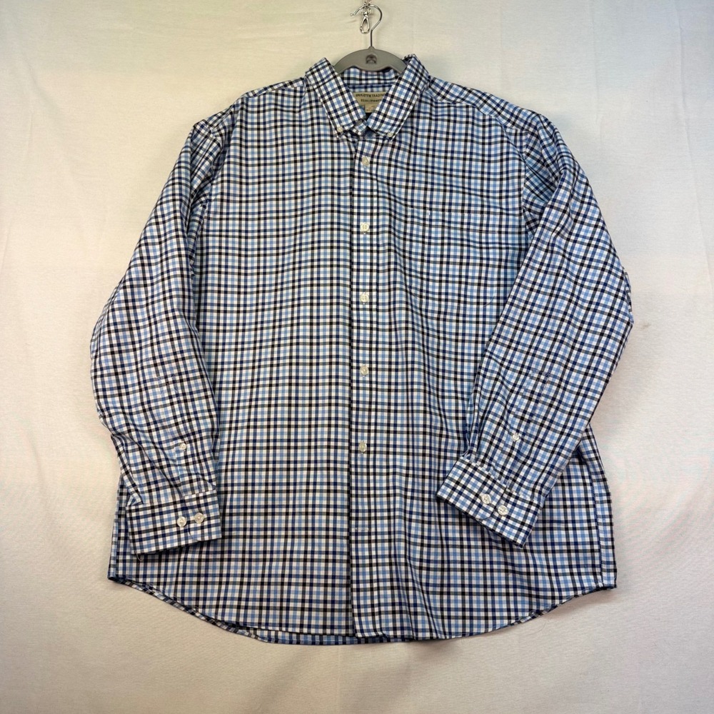 Duluth Trading Co Wrinklefighter Shirt Mens XL Blue Black Plaid Button Down
